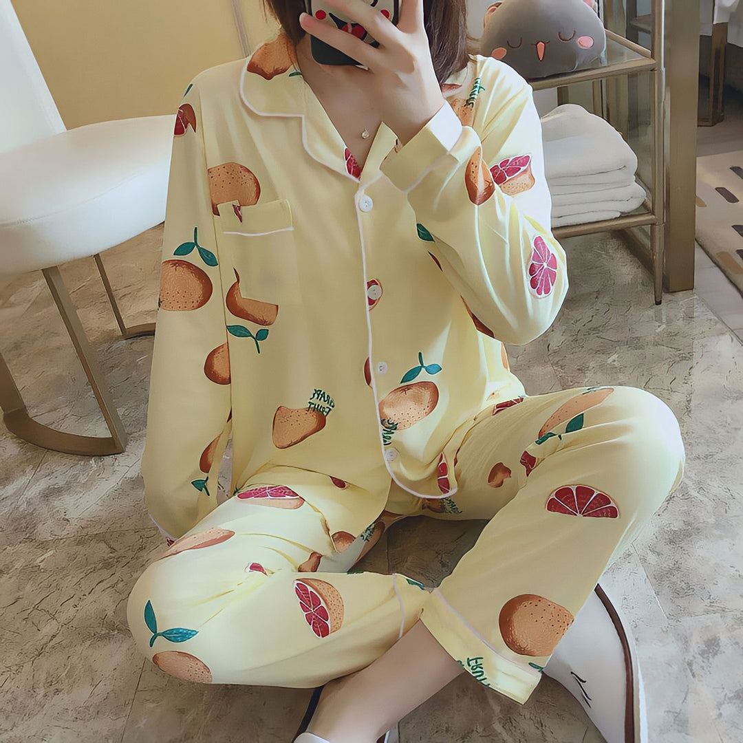 Damen-Pyjama-Set, langärmelig, geknöpft, verspieltes Design