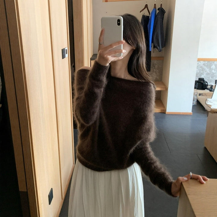 Damen-Strickpullover mit Carmen-Ausschnitt, locker