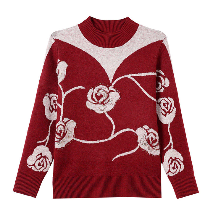 Damen-Strickpullover mit Stehkragen und Blumenmuster