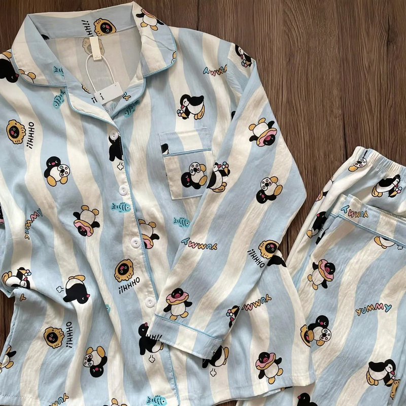 Damen-Pyjama, langärmelig, weich, Cartoon-Design