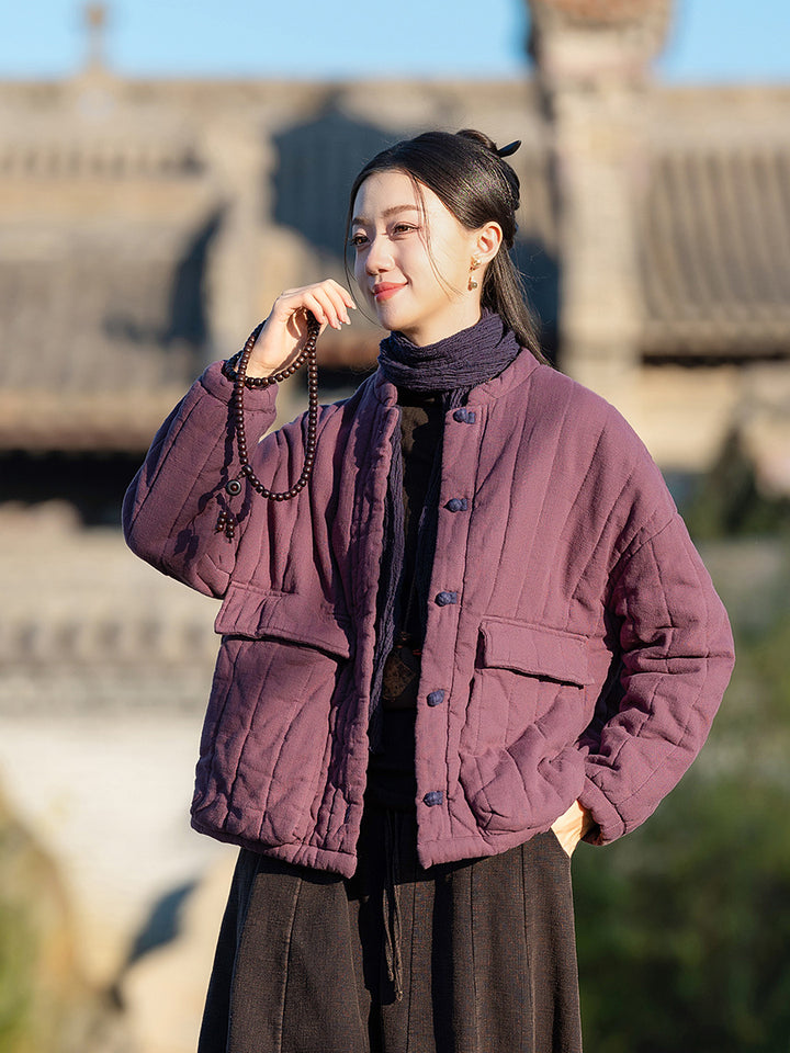 Damen-Steppjacke, Baumwoll-Leinen, Vintage-Stil, Stehkragen
