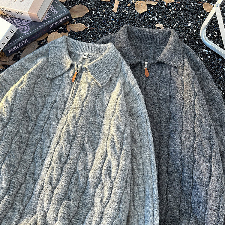 Herren-Strickpullover mit Reißverschluss und Zopfmuster