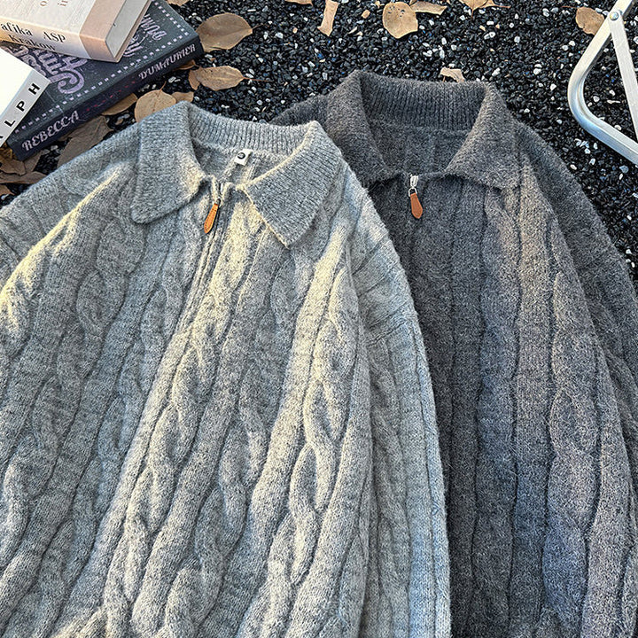 Herren-Strickpullover mit Reißverschluss und Zopfmuster