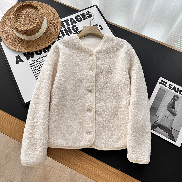 Warme Lammfleece-Strickjacke mit Rundhalsausschnitt für Damen