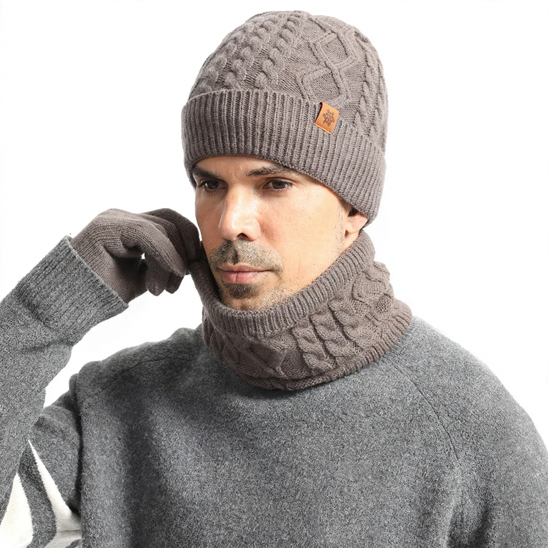 Strick-Set für Herren: Mütze, Schal und Handschuhe