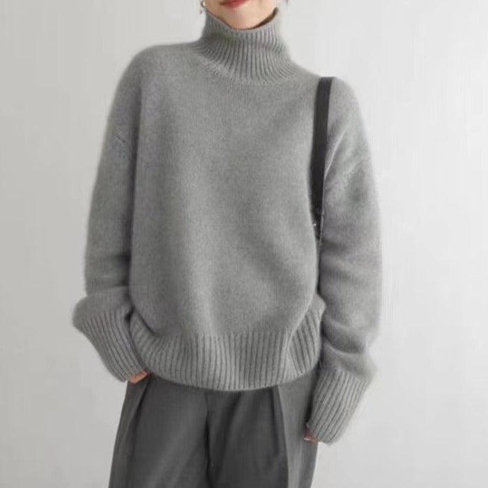 Damen-Wollpullover, hoher Kragen, lockere Passform