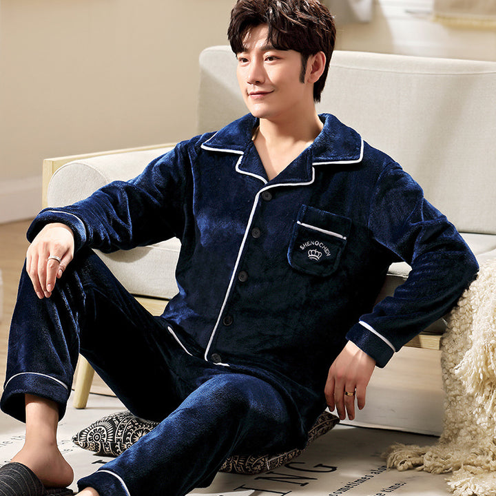 Herren-Pyjama-Set aus Flanell, bestickt, schlicht