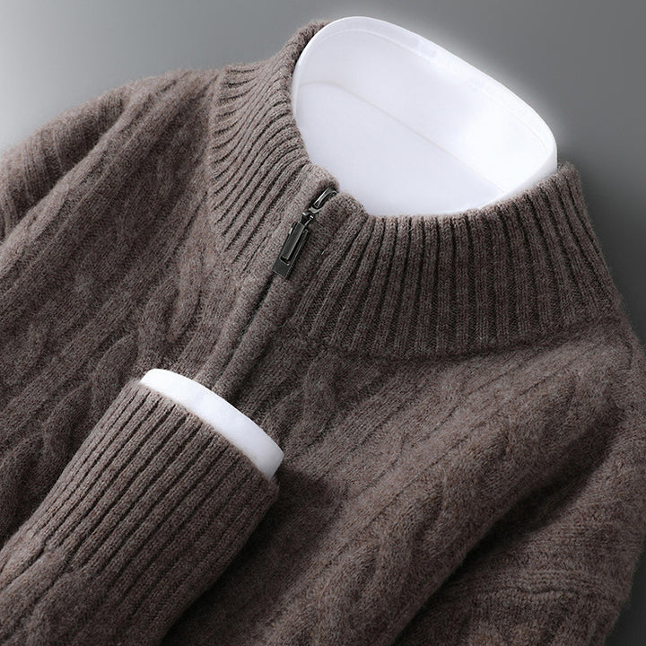 Herren-Wollpullover, 100% Wolle, Reißverschluss, Zopfmuster