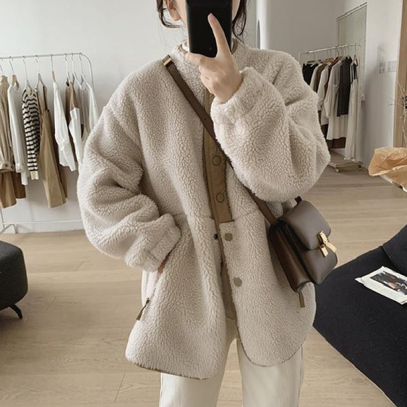 Damen-Lammfellimitat-Jacke, Stehkragen, gefüttert
