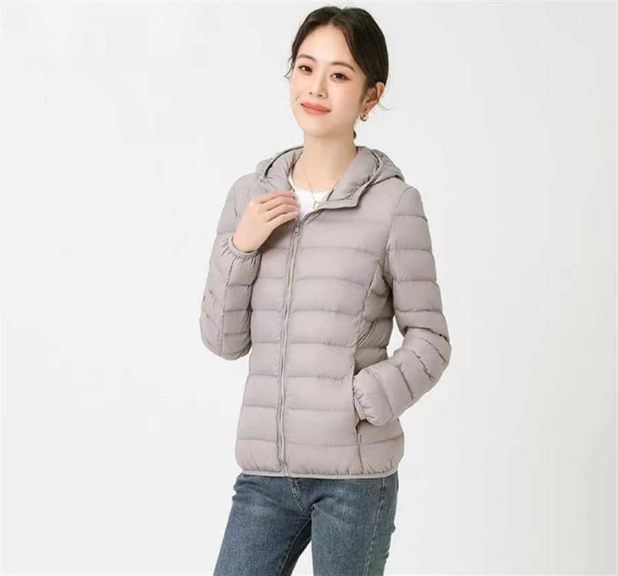Damen-Daunenjacke, kurz, mit Kapuze, leicht und warm