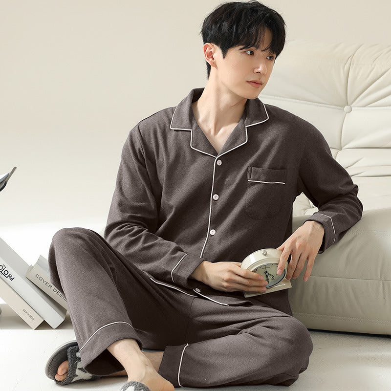 Herren-Pyjama-Set, Baumwolle, langärmelig, schlicht