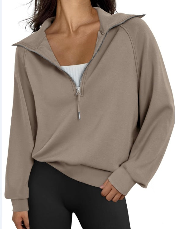 Kurzes Damen-Sweatshirt mit halbem Reißverschluss und Stehkragen