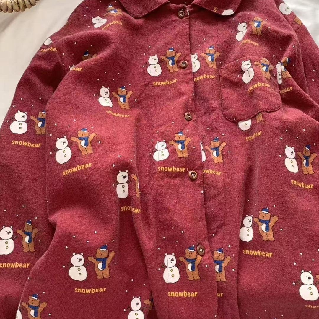 Damen-Pyjama-Set, Flanell-Optik, Langarm, mit Weihnachtsmotiv
