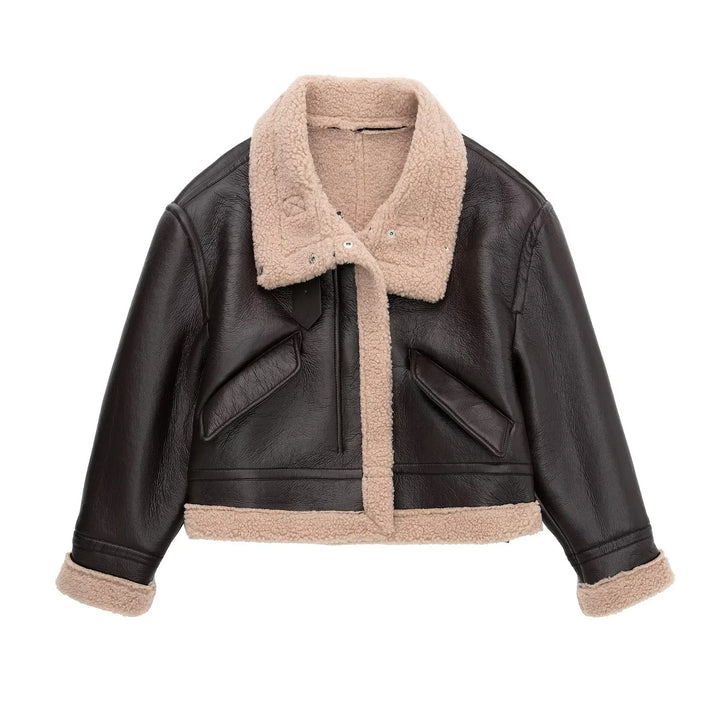 Gefütterte Kunstlederjacke mit Lammfell-Optik und Schnürung