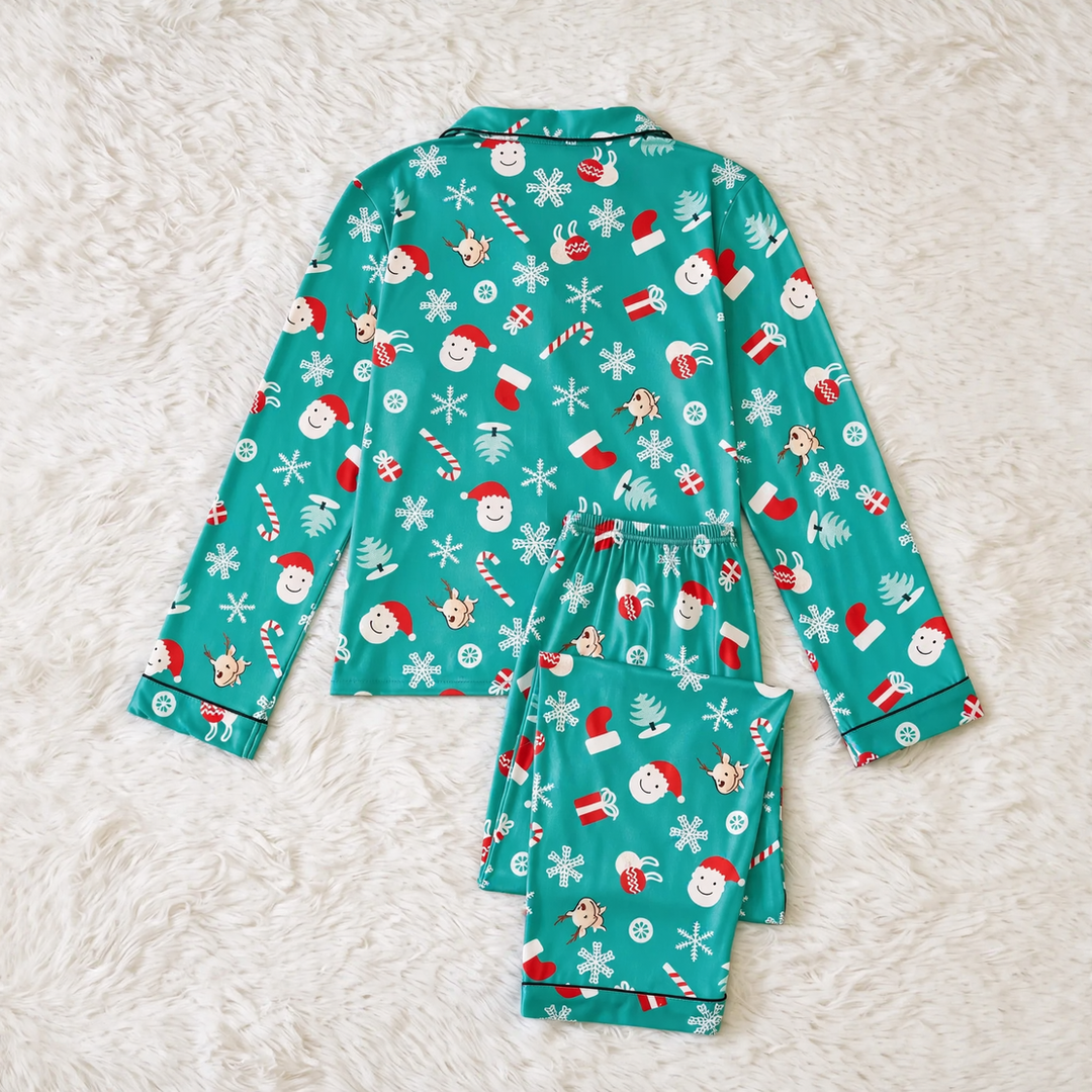Damen-Pyjama-Set, langärmelig, mit Reverskragen und Weihnachtsmotiven