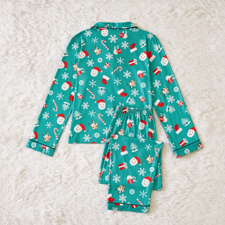 Damen-Pyjama-Set, langärmelig, mit Reverskragen und Weihnachtsmotiven
