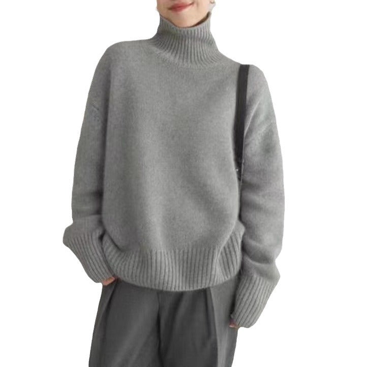 Damen-Wollpullover, hoher Kragen, lockere Passform