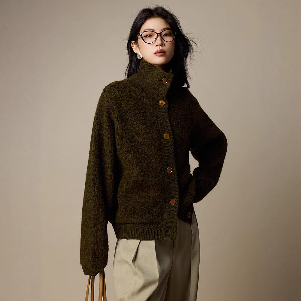 Damen-Strickjacke aus Wolle, hochgeschlossen
