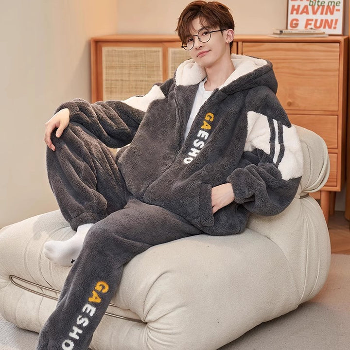 Herren-Pyjama-Set, Korallenfleece, gefüttert, warm