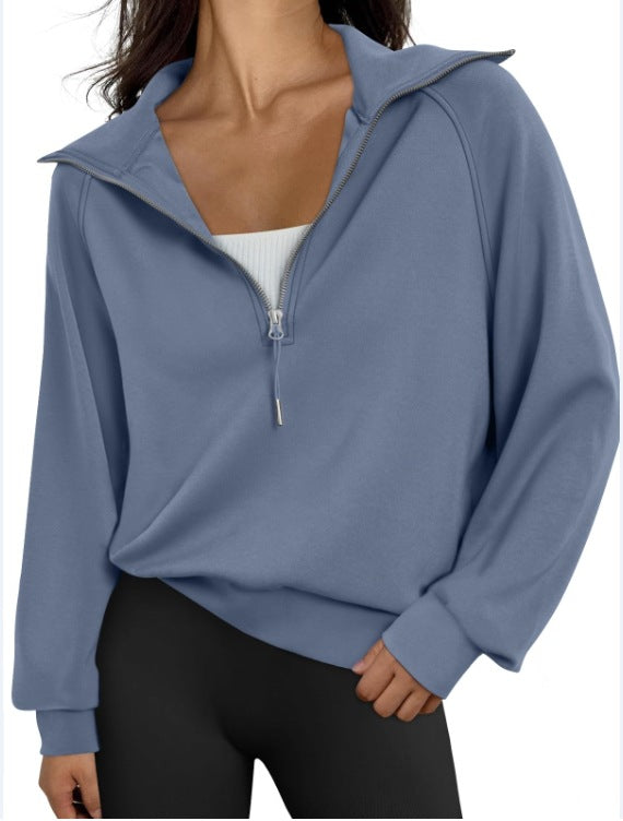 Kurzes Damen-Sweatshirt mit halbem Reißverschluss und Stehkragen