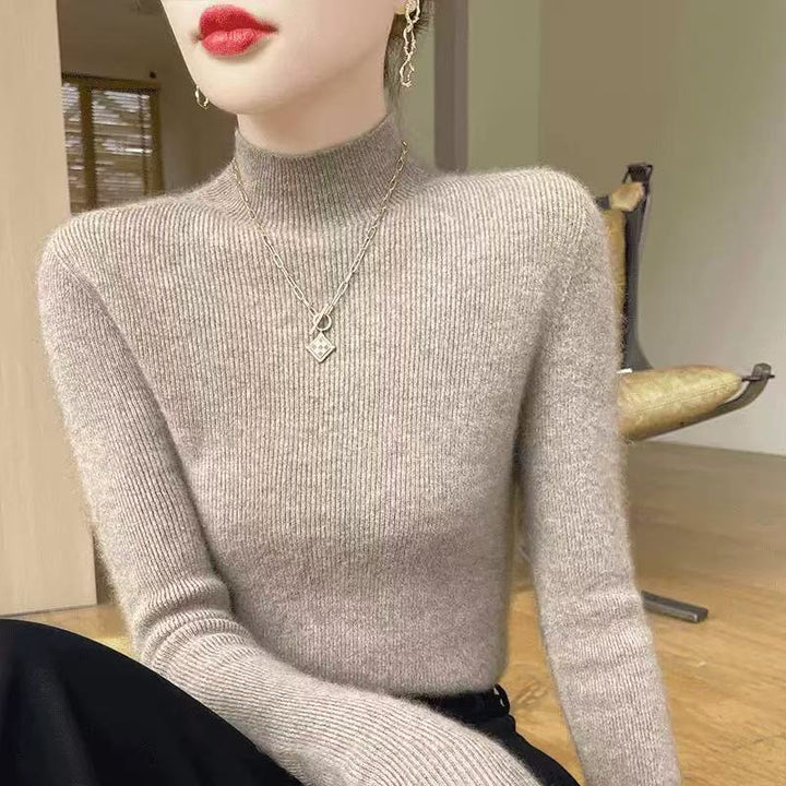 Damen-Woll-Strickpullover, Stehkragen, schmal geschnitten