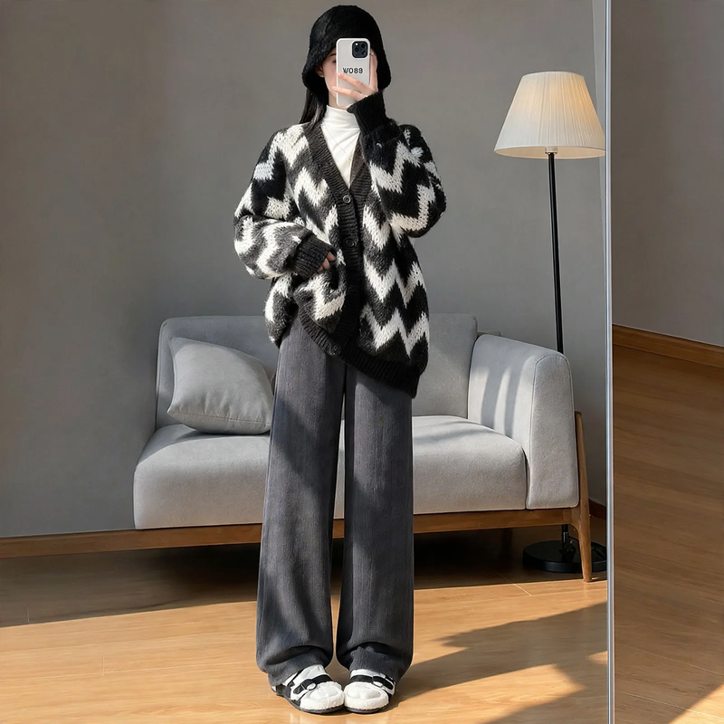 Gefütterte Chenille-Weithose für Damen, gerade geschnitten