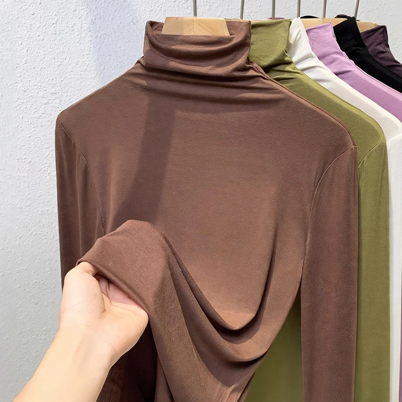 Damen-Langarm-Rollkragen-Shirt, gerippt und elastisch