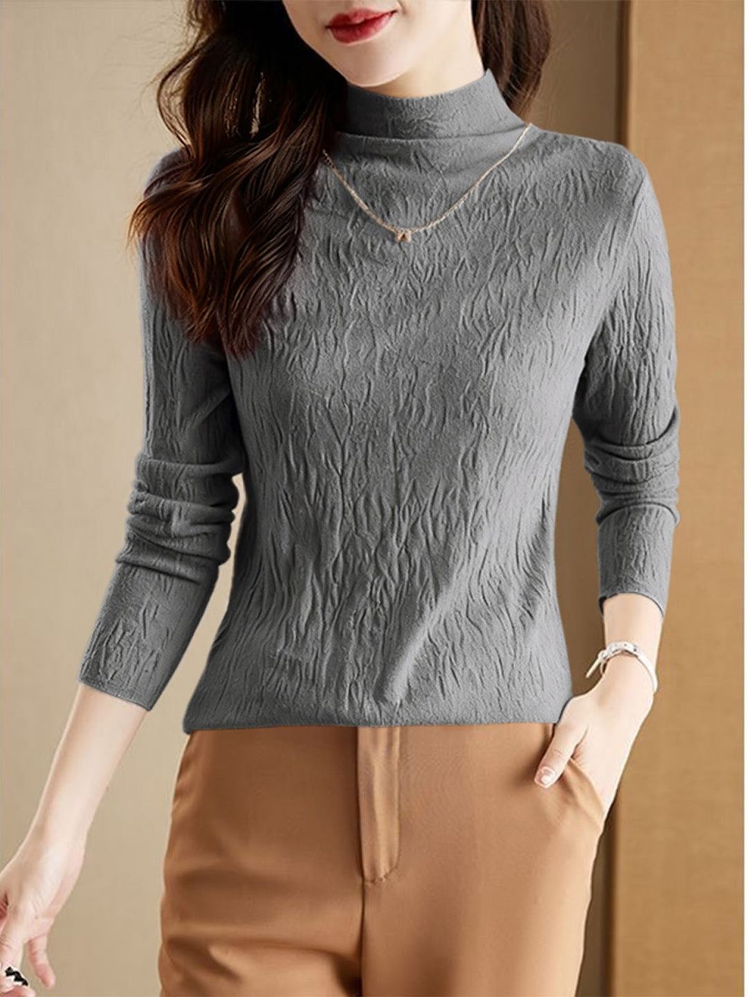 Damen-Wollpullover mit Stehkragen, strukturiert