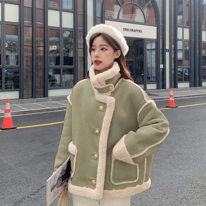 Gefütterter Lammfleece-Imitat Mantel, urbaner Stil