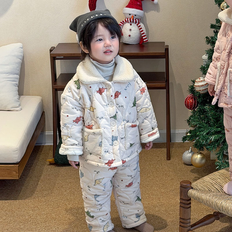 Gefüttertes Kinder-Pyjama-Set, 3-lagig, warm für den Winter