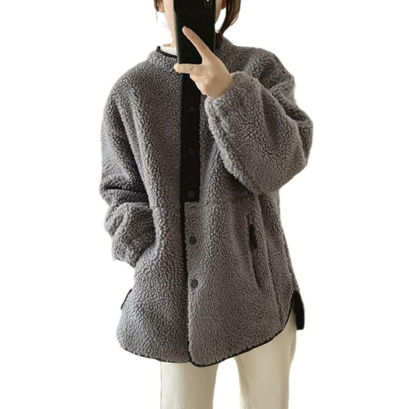 Damen-Lammfellimitat-Jacke, Stehkragen, gefüttert