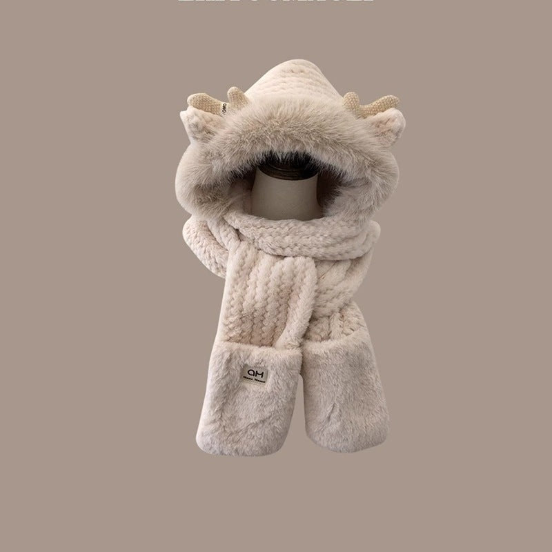 Damen Winter-Set: Plüsch-Kapuzenmütze mit Schal und Handschuhen
