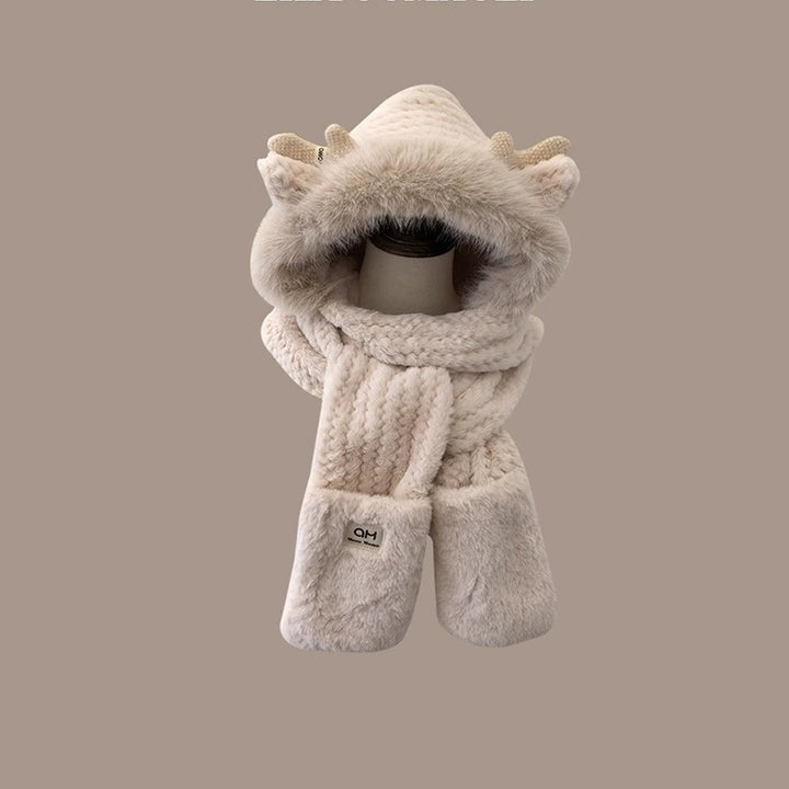 Damen Winter-Set: Plüsch-Kapuzenmütze mit Schal und Handschuhen