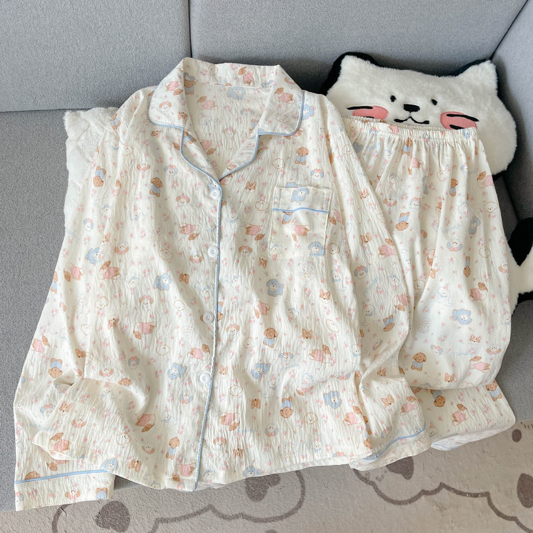 Damen-Pyjama-Set, langärmelig, mit Knopfleiste, Cartoon-Stil