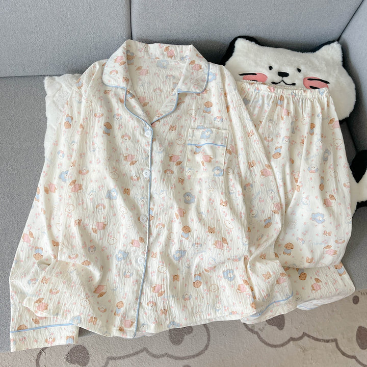 Damen-Pyjama-Set, langärmelig, mit Knopfleiste, Cartoon-Stil