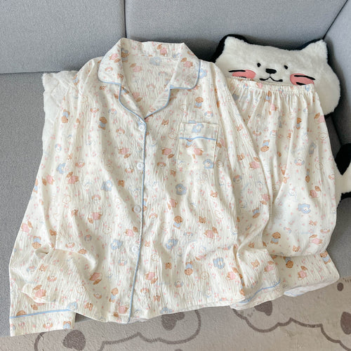 Damen-Pyjama-Set, langärmelig, mit Knopfleiste, Cartoon-Stil