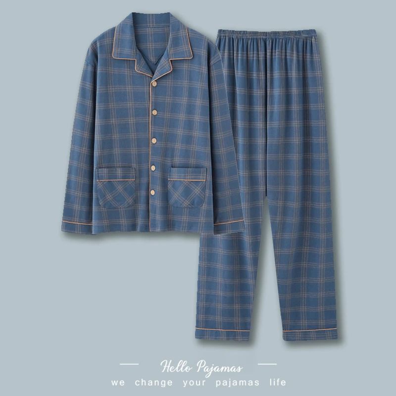 Herren-Pyjama-Set, Baumwolle, Langarm, kariert