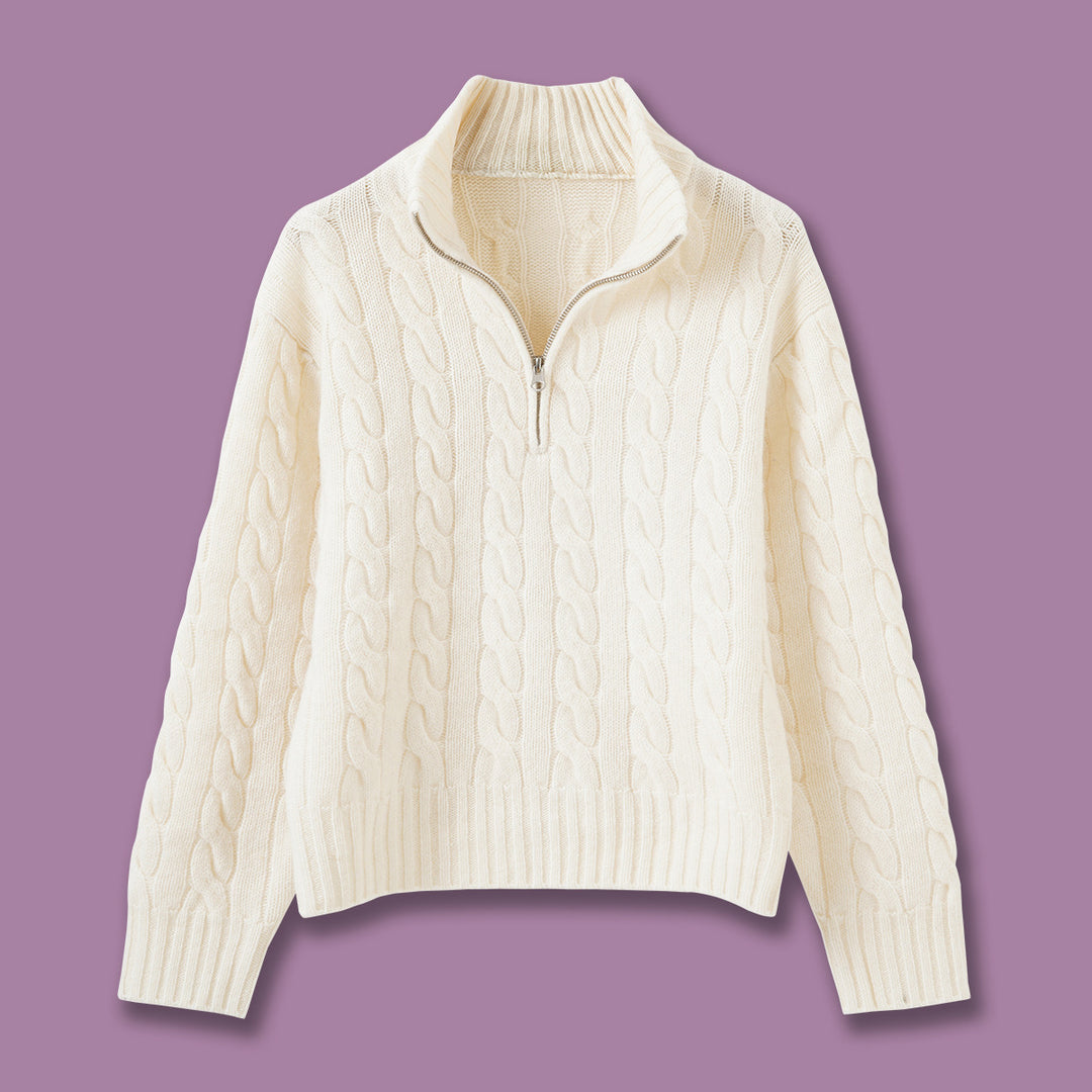 Zopfmuster-Strickpullover mit Reißverschluss und Stickerei