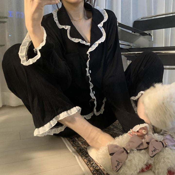 Damen-Pyjama-Set, langärmelig mit Rüschen