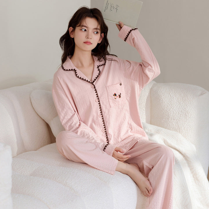 Damen-Pyjama-Set, Langarm, Baumwolle, Knopfleiste