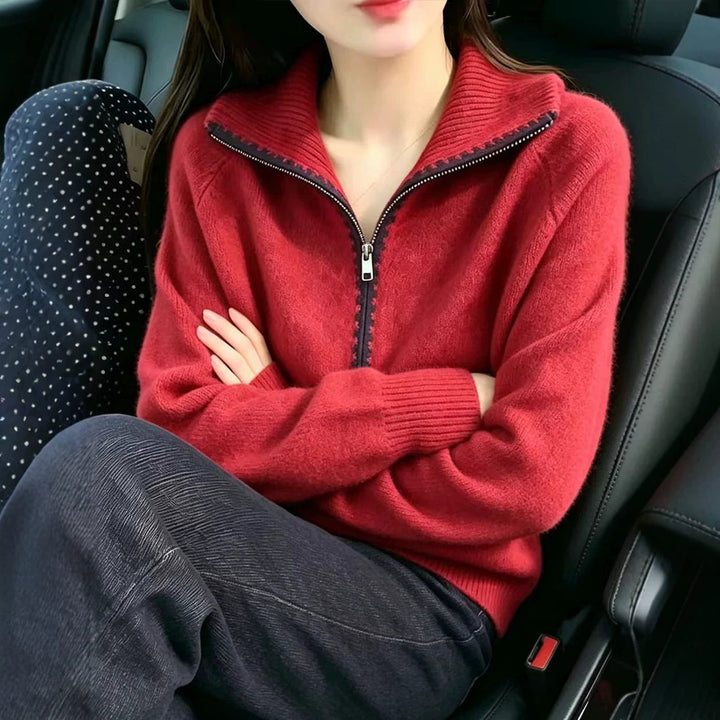 Lockerer Strickpullover mit Reißverschluss und Umlegekragen