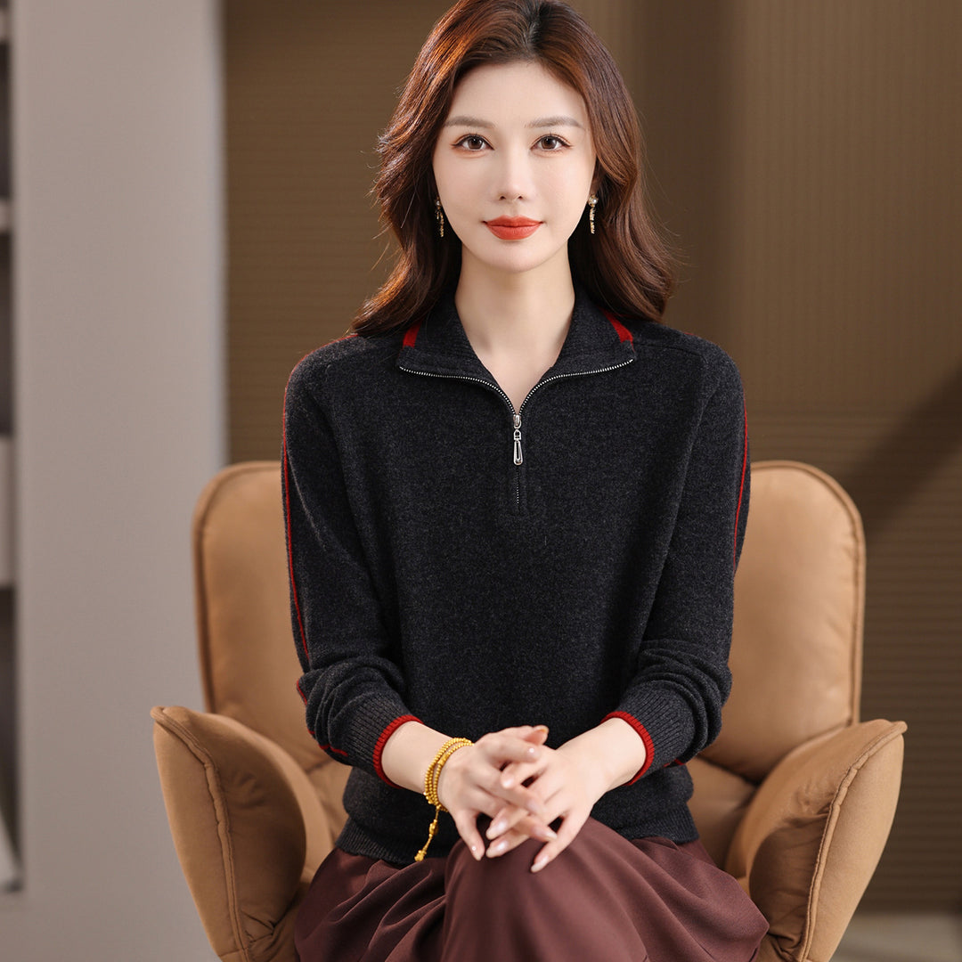 Damen-Polo-Strickpullover mit Reißverschluss