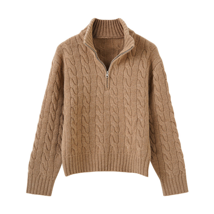 Zopfmuster-Strickpullover mit Reißverschluss und Stickerei