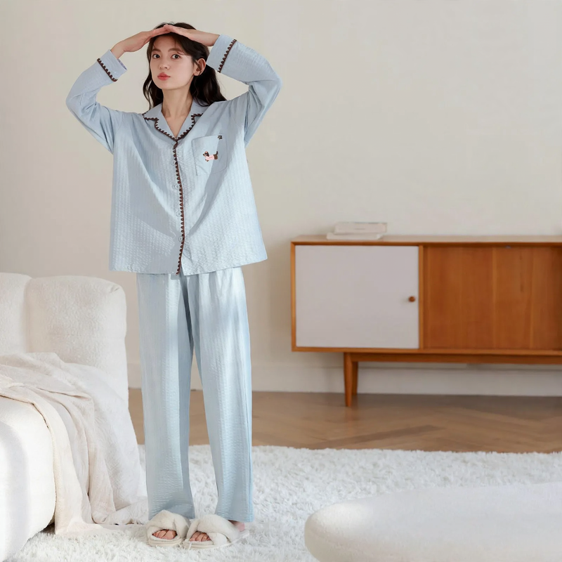 Damen-Pyjama-Set, Langarm, Baumwolle, Knopfleiste