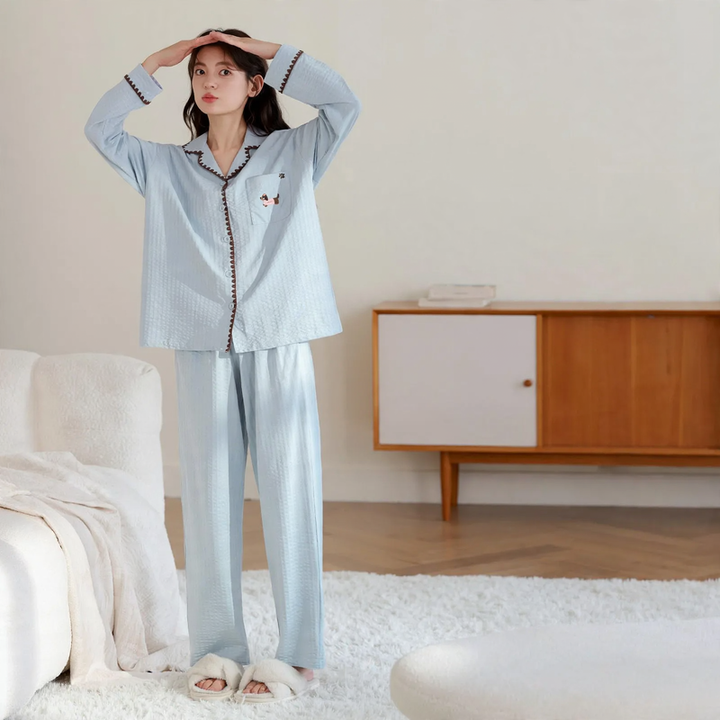 Damen-Pyjama-Set, Langarm, Baumwolle, Knopfleiste