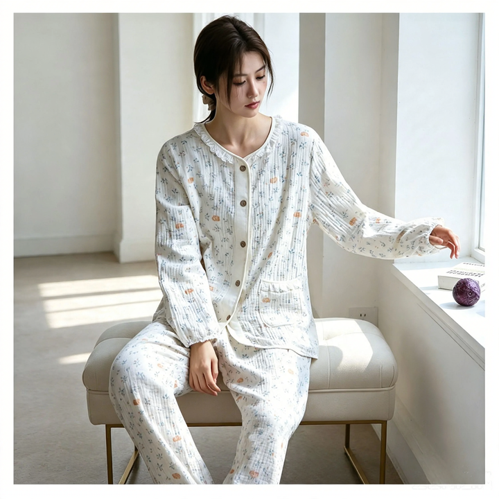 Damen-Pyjama-Set aus Baumwoll-Gaze, leicht, Landhausstil