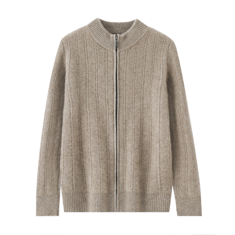 Herren-Wollstrickjacke, Stehkragen, Reißverschluss, Jacquard-Muster