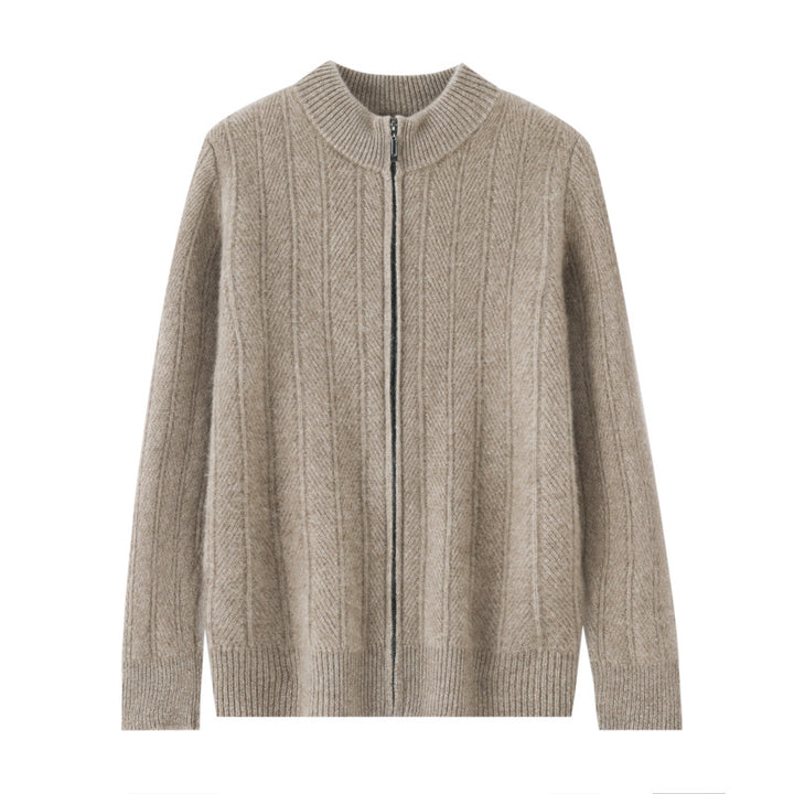 Herren-Wollstrickjacke, Stehkragen, Reißverschluss, Jacquard-Muster