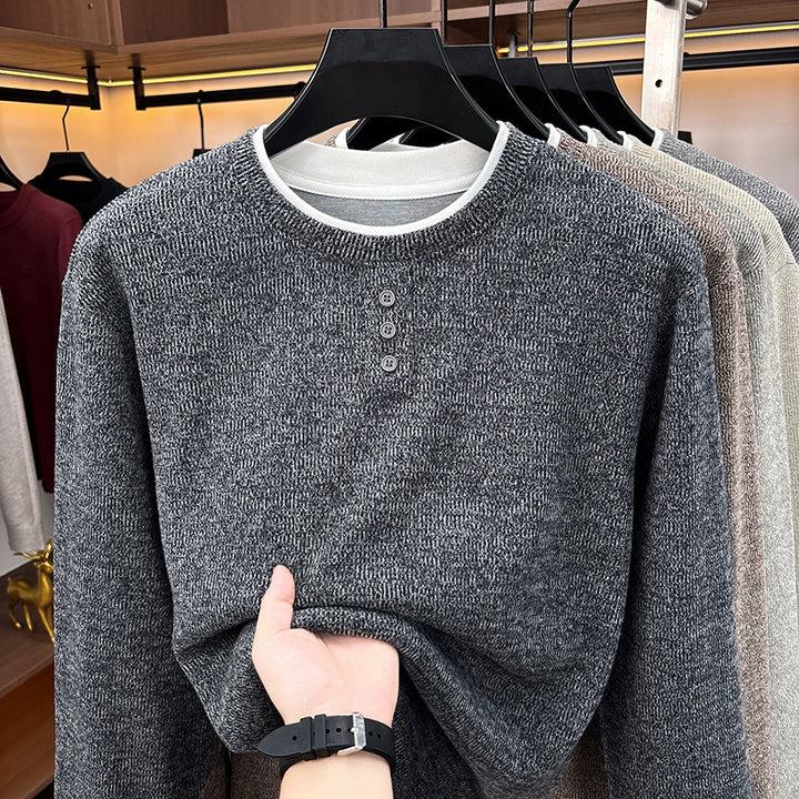 Herren-Strickpullover, Rundhalsausschnitt, Langarm, Fake-Layer-Optik