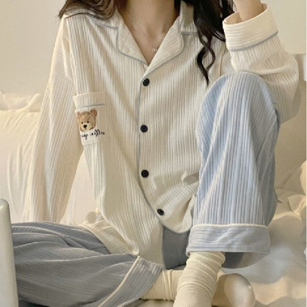 Damen-Pyjama-Set, gerippt, mit Kragen